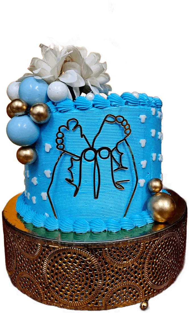 Blue birthday cake with a hand-drawn bow