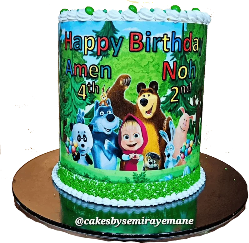 Character-themed birthday cake in bright green and blue