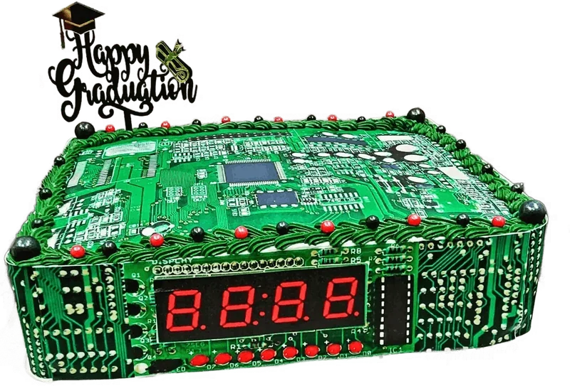 Green circuit-board themed graduation cake