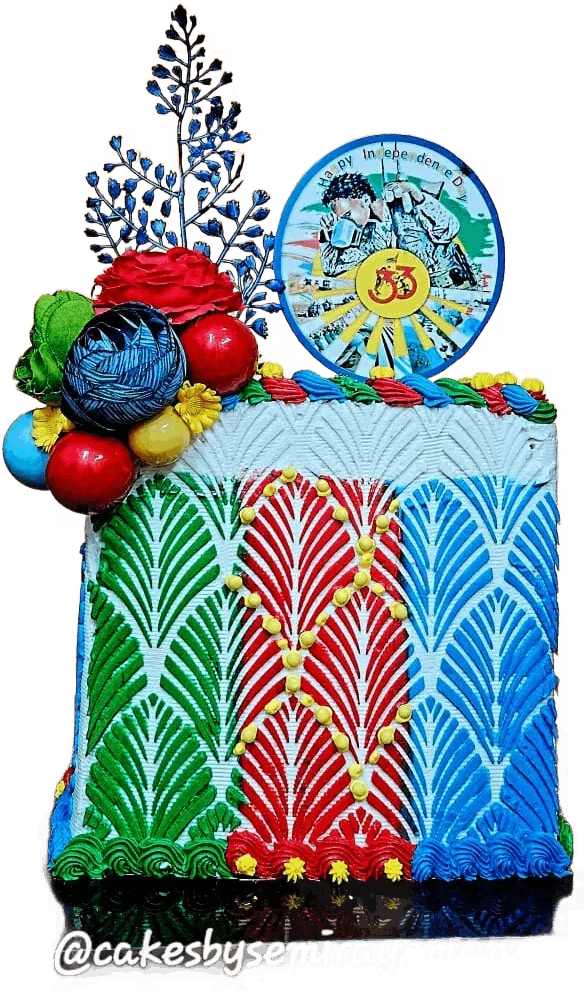 Colourful traditional-pattern birthday cake with a photo topper
