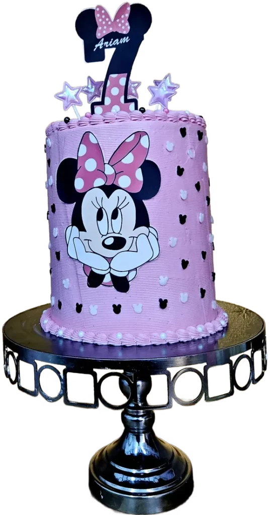 Lilac Minnie Mouse birthday cake on a black stand