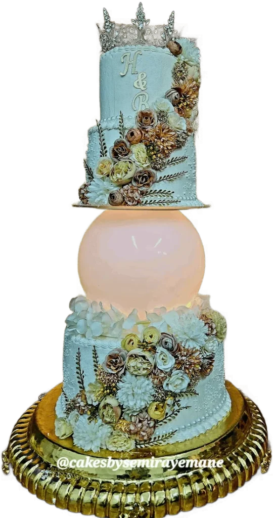Sage and gold wedding cake with a glowing sphere tier